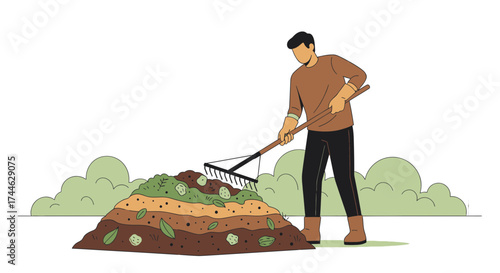 Gardener Rakes a Compost Heap in a Simple Illustrated Style to Enrich the Soil