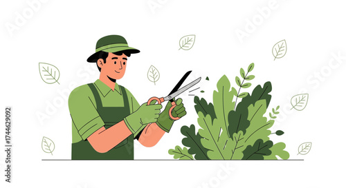 Gardener Trimming Green Foliage With Shears On A Bright And Sunny Day Illustration