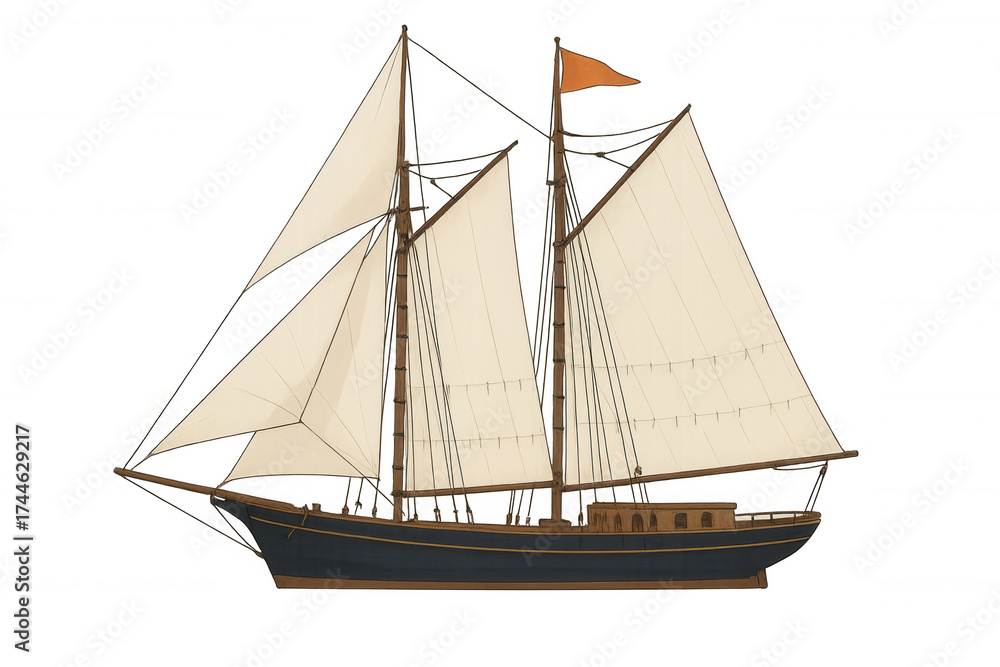 Obraz premium Vintage schooner sailing ship illustration displaying a historical two-masted vessel with sails, transparent background