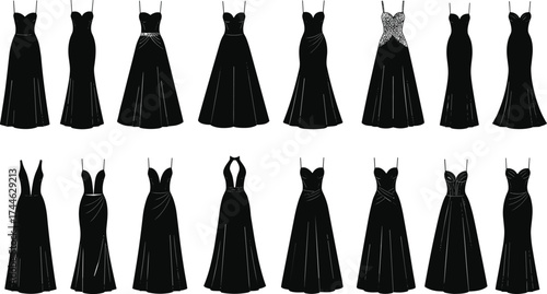 Elegant black evening gowns, formal fashion collection, stylish dresses, luxury wear, modern silhouettes, chic outfits, glamour, couture, party attire, runway style