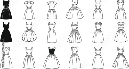Dress silhouette collection, fashion design grid, black and white styles, bodice variety, neckline shapes, sleeve options, elegant wear, charm, chic, beauty