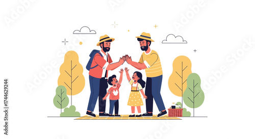 Gay fathers high-fiving their children in a park during a picnic illustration