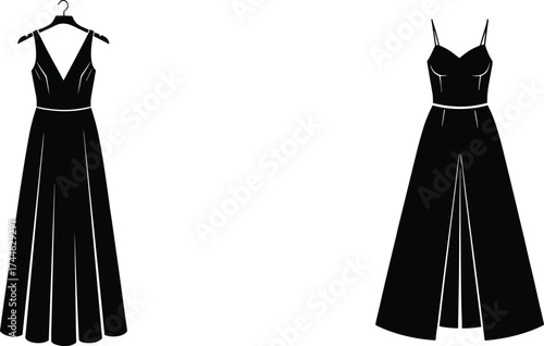 Elegant dress silhouette, fashion illustration, black gown design, V-neckline, spaghetti strap, pleated skirt, formal wear, vector art, style