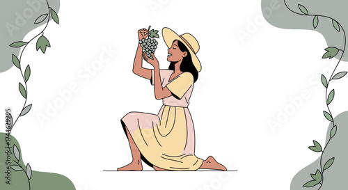 Gentle Woman Inspecting Grapes and Admiring the Fruit, Conceptual Illustration, Artistic Design