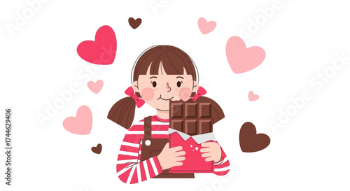 Girl Eating Chocolates Surrounded By Hearts Happy Cartoon Illustration Creation Design