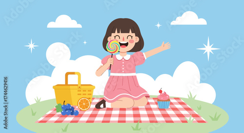 Girl Enjoying a Picnic with Candy and Cupcake with a Basket and Fruit