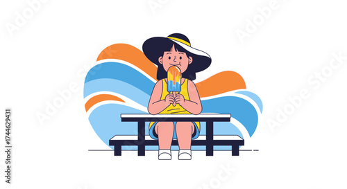 Girl Enjoying An Ice Cream Dessert During The Summer Season On A Beach Picnic