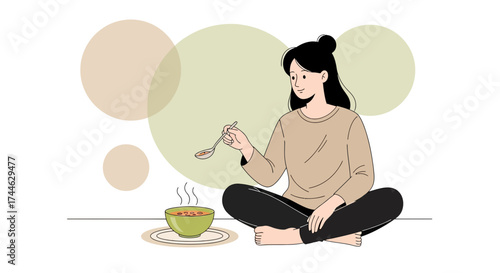 Girl Enjoying Nutritious Soup While Seated With Calm Demeanor And Peaceful Contemplation