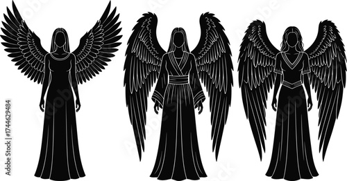 Faceless angelic figures, black and white illustration, detailed wings, flowing gowns, spiritual art, fantasy design, celestial beings, symbolic composition