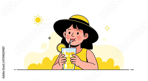 Girl Enjoying Lemonade On A Sunny Day With Summer Vibe and Refreshing Concept