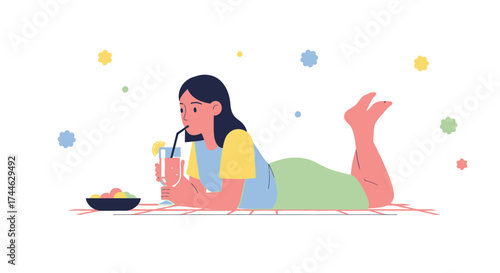 Girl Enjoying Refreshing Beverage And Fruits Under Warm Sunlight Illustration