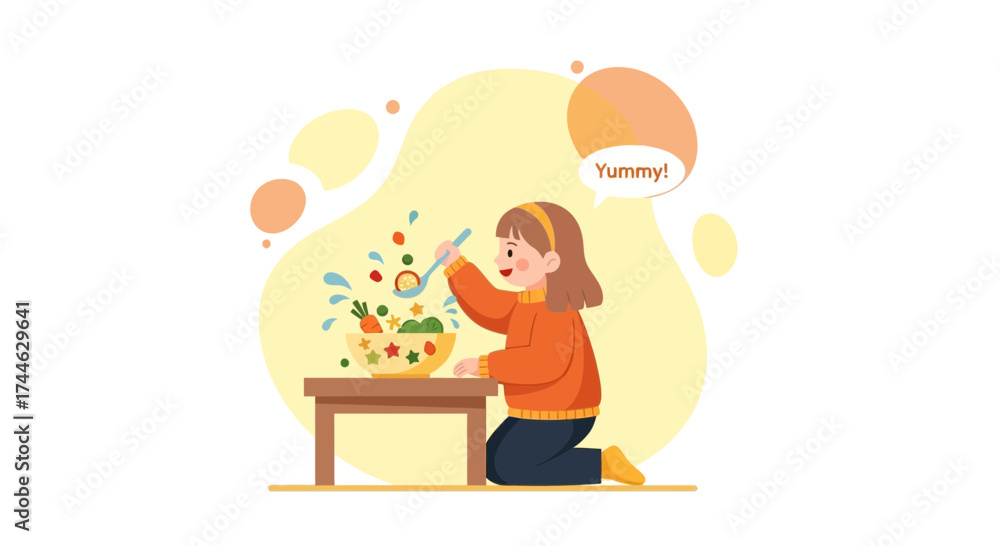 Fototapeta premium Girl Preparing A Salad, Making Healthy Meal With Fresh Vegetables And Expressing Delight
