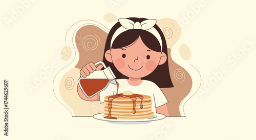 Girl pouring syrup on pancakes in a cute illustration for breakfast