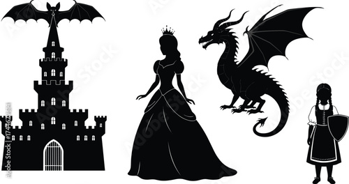 Fantasy silhouette illustration, castle, princess, dragon, warrior girl, crown, shield, gothic theme, fairy tale art, black vector design