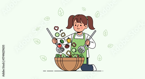 Girl Prepares Fresh Salad With Colorful Vegetables In Kitchen With Apron On