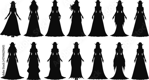 Fantasy woman silhouette, regal gown, crown and headpiece, character design, black illustration, elegant pose, historical theme, vector art