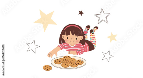 Girl Reaching For Cookies With Starry Background, Cute Illustration Of Dessert Time