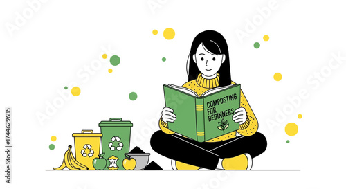Girl Reading A Composting Guide Near Trash Cans With Compostable Food Elements