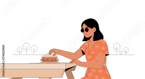 Girl With Sunglasses Enjoys Sandwich Outdoors, Relaxing With Food And A Beautiful Park Setting
