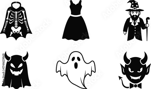 Halloween costume silhouettes, spooky characters, skeleton, ghost, devil, witch, wizard, black illustration, festive theme, scary design, vector art