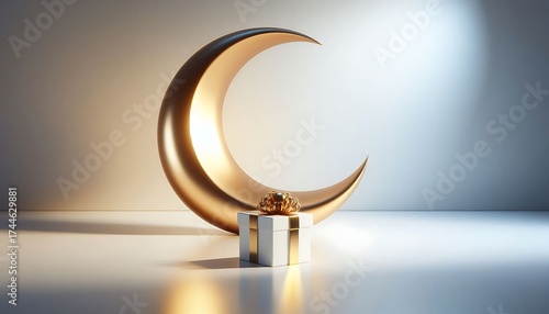 Elegant Ramadan Kareem background with golden crescent moon, decorative lantern and gift box, Islamic festive greeting design for Eid celebration and holy month concept illustration.
