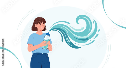 Girl With Water Bottle Pouring Liquid In Water, Illustration With Fresh Waves