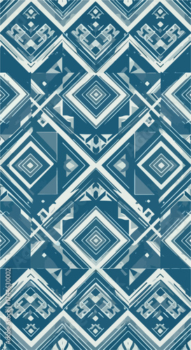 Geometric pattern with diamond shapes and intricate designs in teal and white.