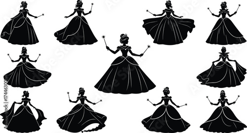 Princess silhouette vector, magical wand, flowing gown, fantasy character, elegant pose, star sparkles, fairy tale theme, black illustration