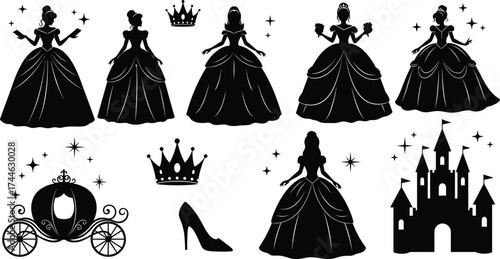 Princess silhouette collection, fairy tale icons, royal theme, magical elements, castle, crown, carriage, fantasy dress, sparkle, elegant poses, charm