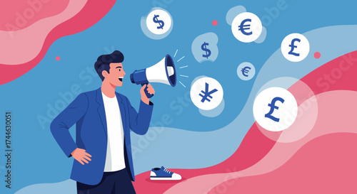 Global Business Announcer Promoting Currency Exchange And International Finance Ideas