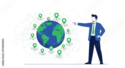 Global Business Map: Businessman Pointing to Worldwide Locations and Markers