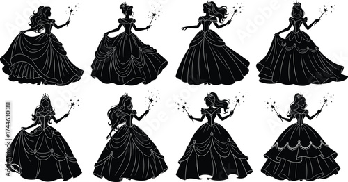 Princess silhouette vector, magical wand, star sparkles, fantasy gown, elegant pose, cartoon style, fairy tale theme, black illustration
