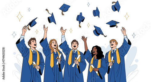 Graduation celebration illustration with students throwing their caps in the air to celebrate