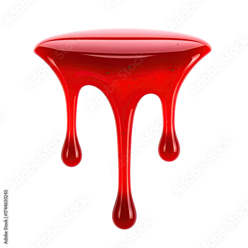 Cartoon-like graphic of red liquid, dripping with highlights, on a black background