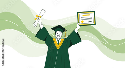 Graduation ceremony illustration of a smiling student holding up a diploma and certificate