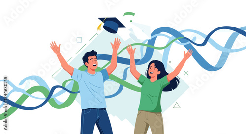 Graduation illustration celebrating college graduates with cap and abstract wavy decorations