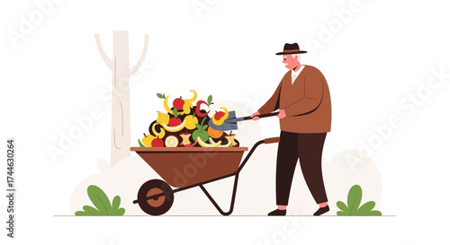 Gardener Moving Garden Waste Into Wheelbarrow Promoting Green Living and Eco-Friendly Habits
