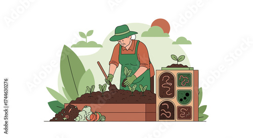 Gardener Planting Seedlings In Garden With Compost Box Showing Worms And Worms