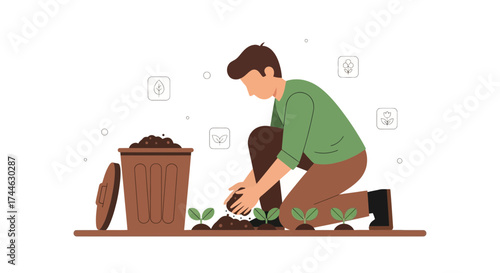 Gardener planting seedlings in the soil adding compost for a sustainable harvest