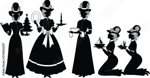 Victorian woman silhouette, vintage dress, historical pose, holiday theme, candle, wreath, teacup, sailboat, Christmas tree, black illustration