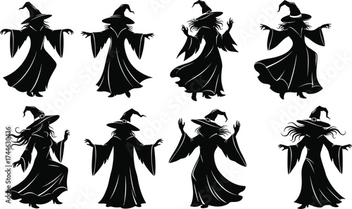 Witch silhouette vector, black illustration, magical poses, pointed hat, flowing robe, Halloween theme, fantasy art, eerie gesture, mystic design
