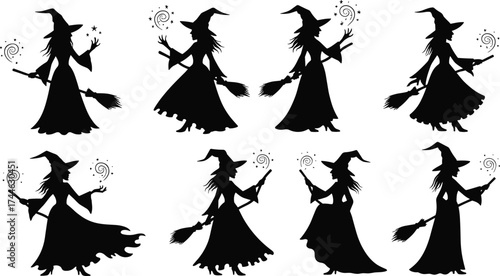 Witch silhouette vector, broomstick pose, magical sparkles, pointed hat, flowing dress, Halloween theme, fantasy art, black illustration