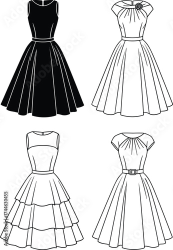 Vintage dress silhouettes, retro fashion styles, classic women’s wear, elegant outfits, tiered skirts, timeless design, black and white, costume history
