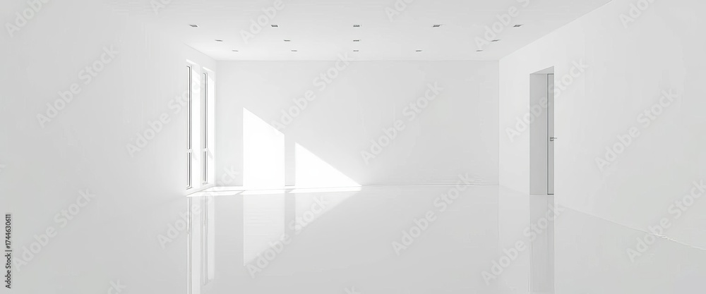 Obraz premium Stark white room, minimalist interior, clean lines, bright light, photography background, spacious
