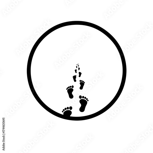 International Day for the Right to the Truth Journey Icon. Minimalist black and white graphic showing sequential footprints leading toward a distant bright spot of light