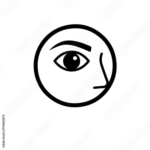 International Day for the Right to the Truth Icon. Minimalist black and white face profile silhouette with a focus on a wide-open, staring eye. Symbolizes the Dignity of Victims, the pursuit of truth