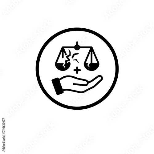 International Day for the Right to the Truth Icon. Minimalist black and white graphic: an open hand supporting a broken scale of justice with a plus sign (+) underneath