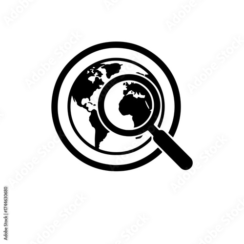 World TB Day Global Focus Icon. Minimalist black and white graphic of a world map (globe) magnified by a magnifying glass. Symbolizes the global health crisis of Tuberculosis (TB)
