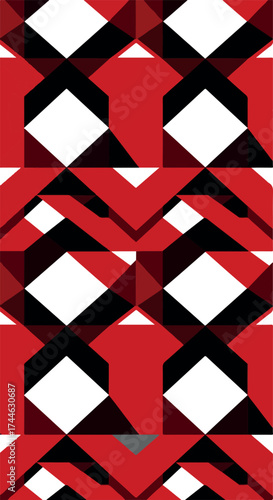 Geometric pattern with red black and white shapes repeating across the image.