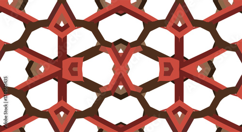 Geometric pattern with repeating shapes in red and brown colors.